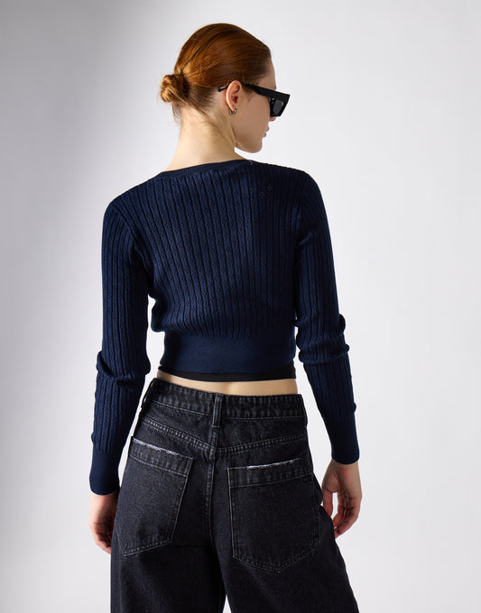 Navy Button-Front-Crop Cardigan