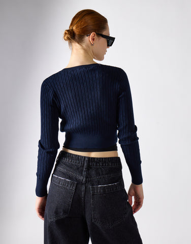 Navy Button-Front-Crop Cardigan