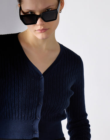 Navy Button-Front-Crop Cardigan