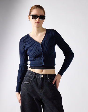 Navy Button-Front-Crop Cardigan