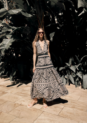 Scarf Border Print Halter Maxi Dress