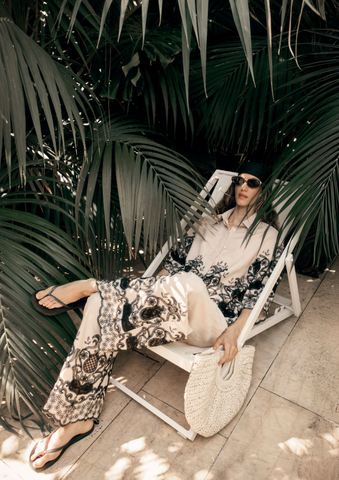 Stone Black Border Tie Waist Floaty Trousers
