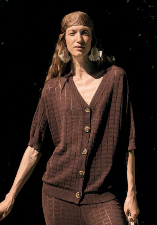 Brown V-Neck Button Knit Shirt