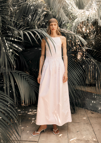 White Shirring Body Boat Neck Maxi Dress