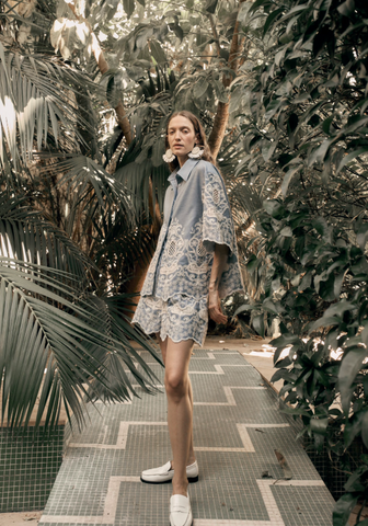Embroidered Chambray High Rise Lined Shorts