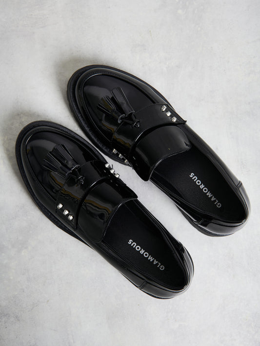 Glamorous Black Patent Tassel Detail Loafer Flat Shoes Wide Fit