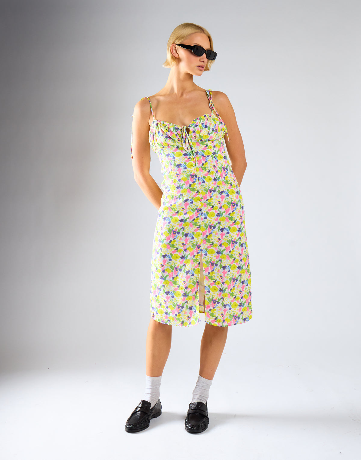 Bright-Watercolour Floral Milkmaid Midi-Dress