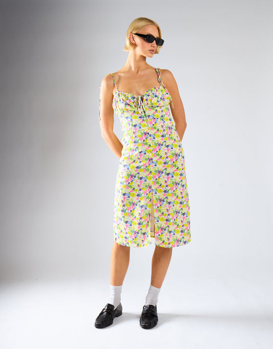 Bright-Watercolour Floral Milkmaid Midi-Dress