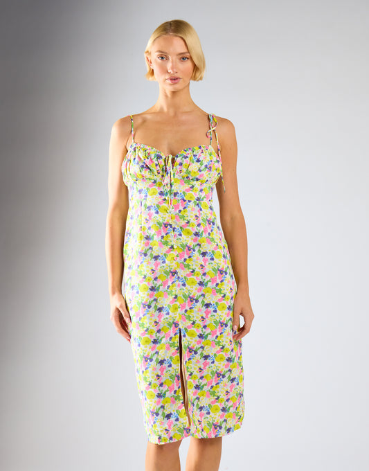 Bright-Watercolour Floral Milkmaid Midi-Dress