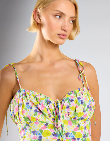 Bright-Watercolour Floral Milkmaid Midi-Dress
