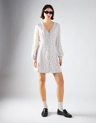 Lilac-Yellow Ditsy V-Neck Mini-Dress