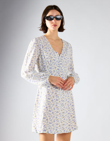 Lilac-Yellow Ditsy V-Neck Mini-Dress