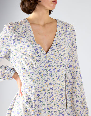 Lilac-Yellow Ditsy V-Neck Mini-Dress