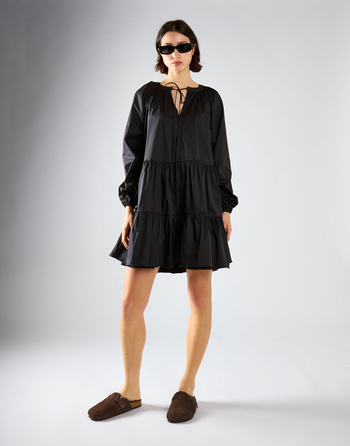 Black Cotton Long Sleeve Smock Dress