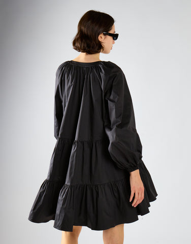 Black Cotton Long Sleeve Smock Dress