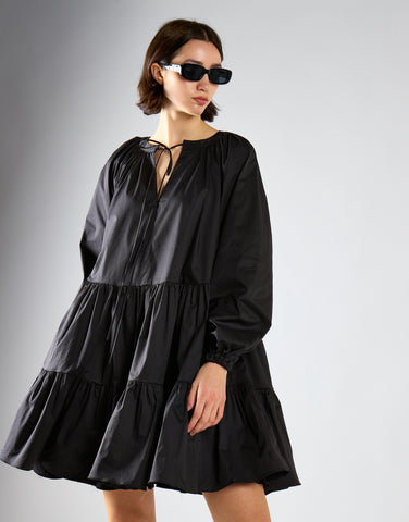 Black Cotton Long Sleeve Smock Dress