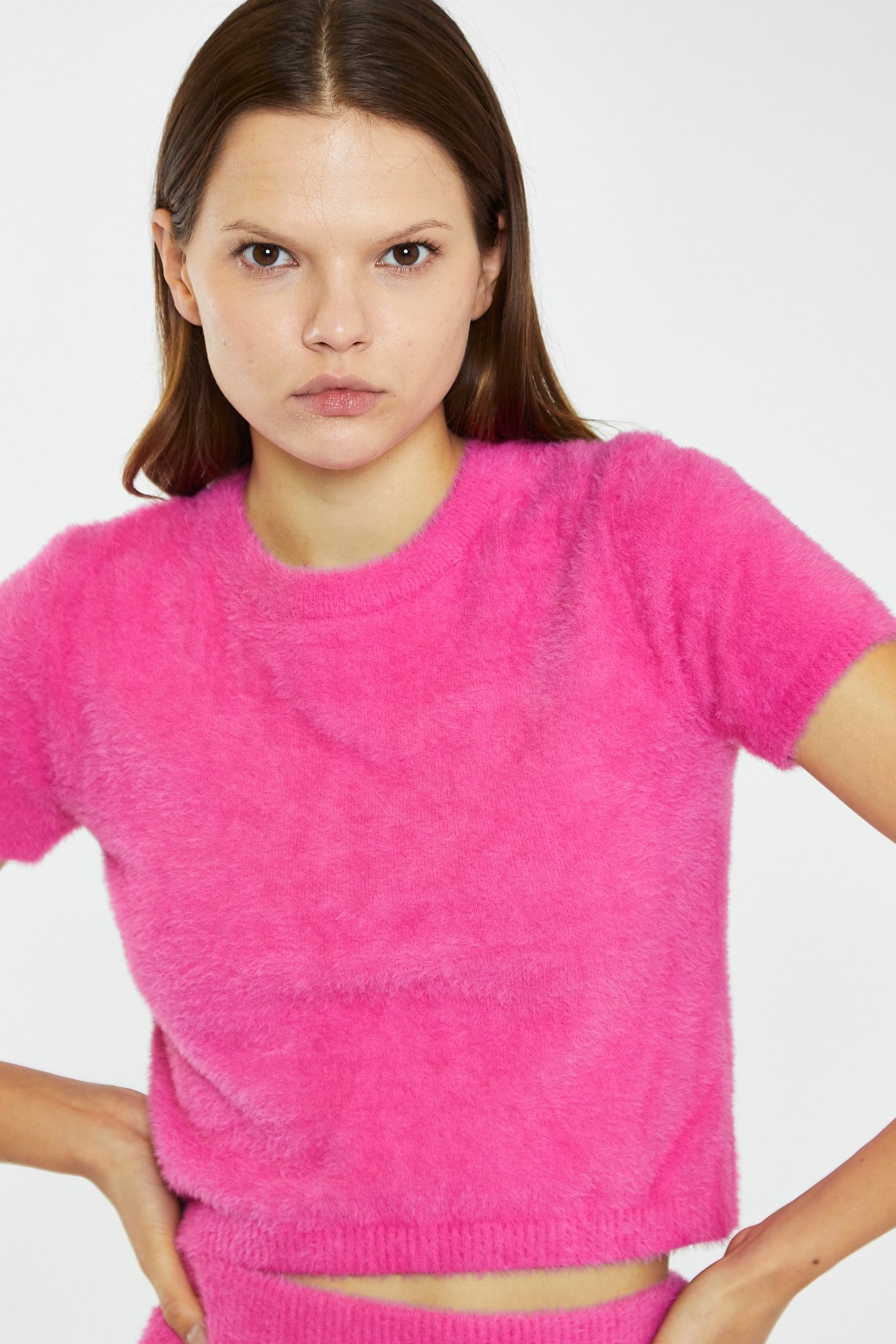 Hot Pink Short-Sleeve Knitted Crop-Top