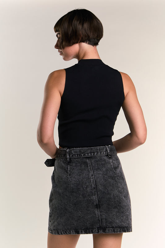 Black Acid Wash Denim Mini Skirt