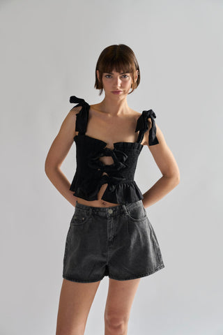 Washed-Black Denim-Shorts