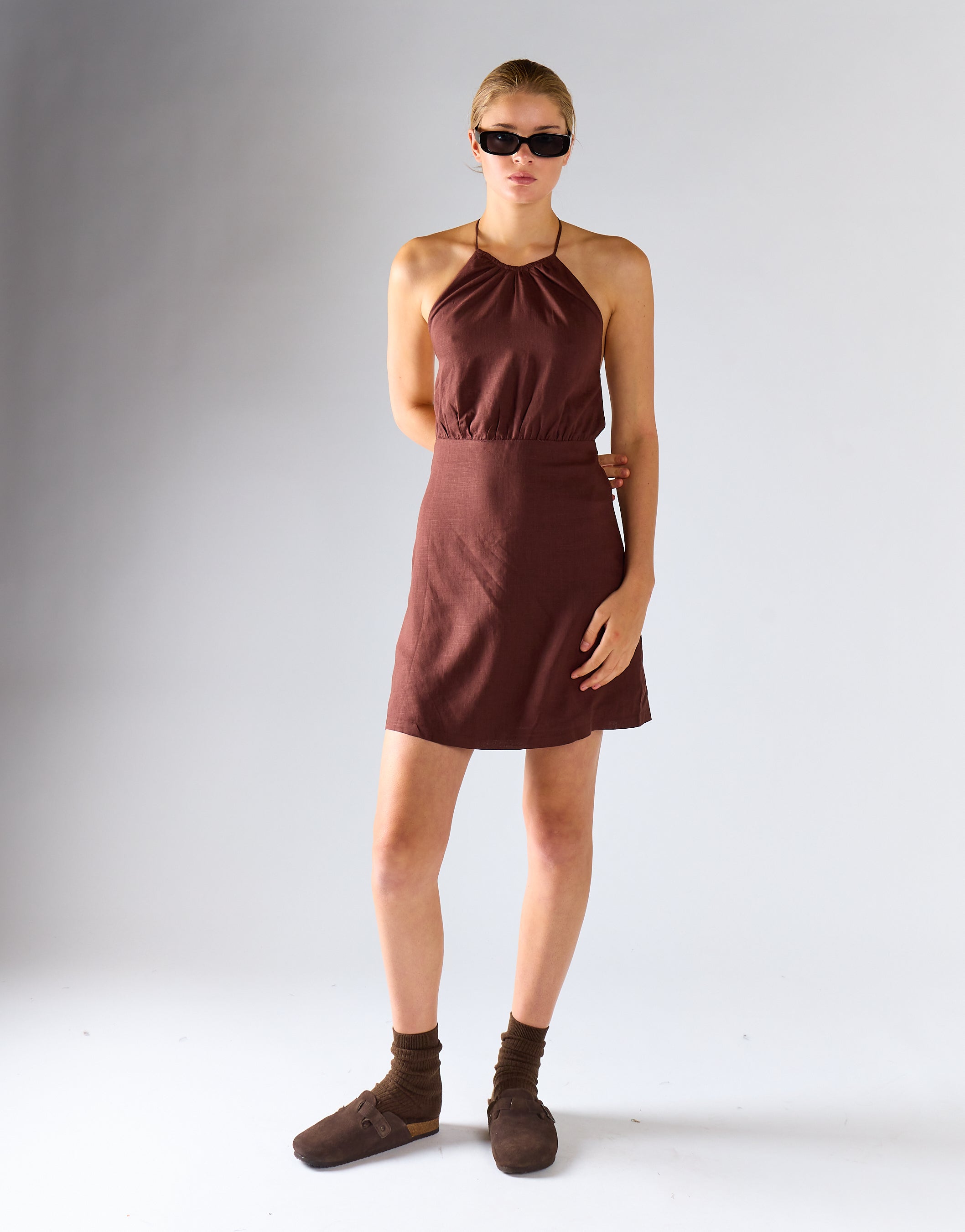chinese dress ladies Brown-Linen Halterneck Mini-Dress