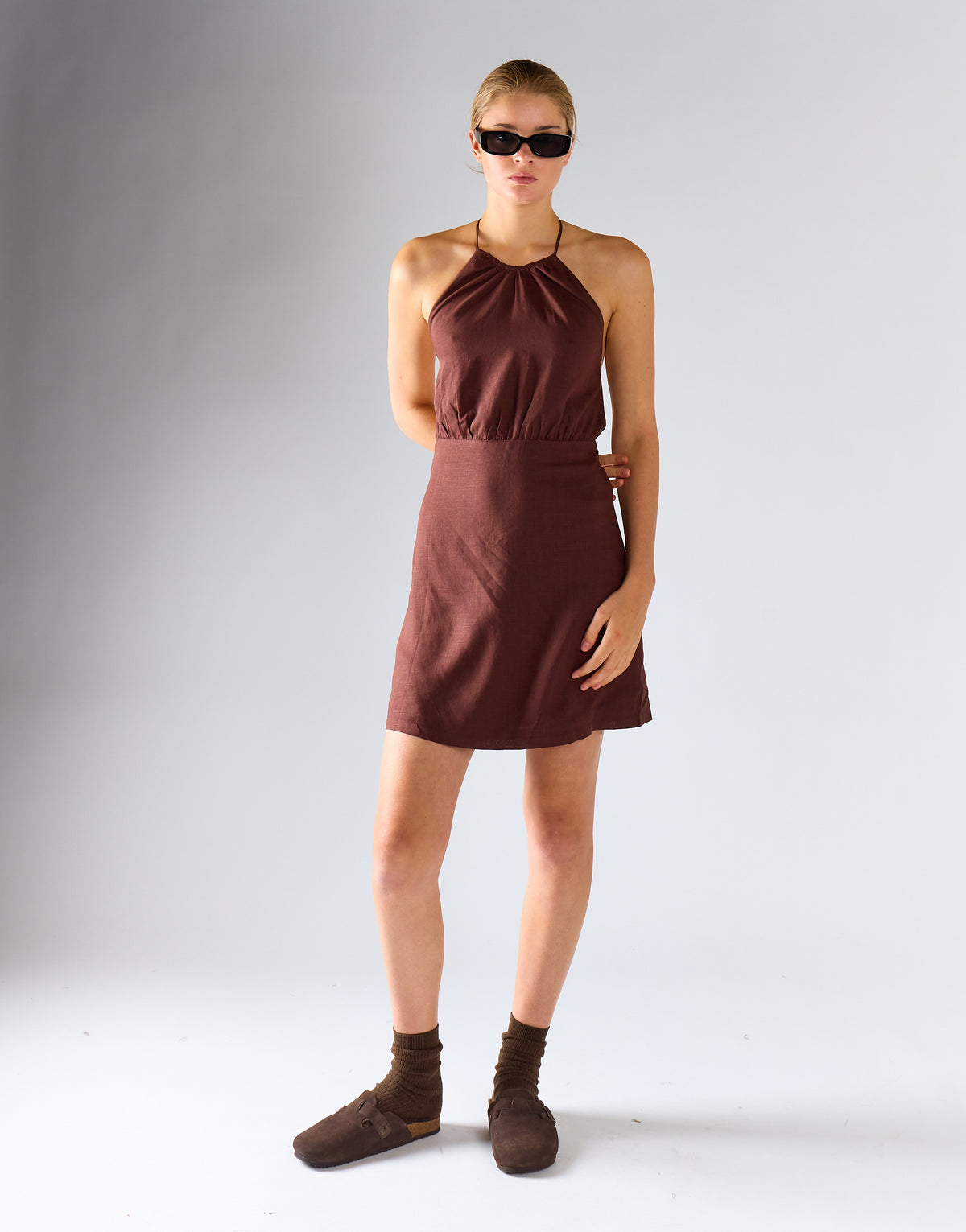 Brown-Linen Halterneck Mini-Dress
