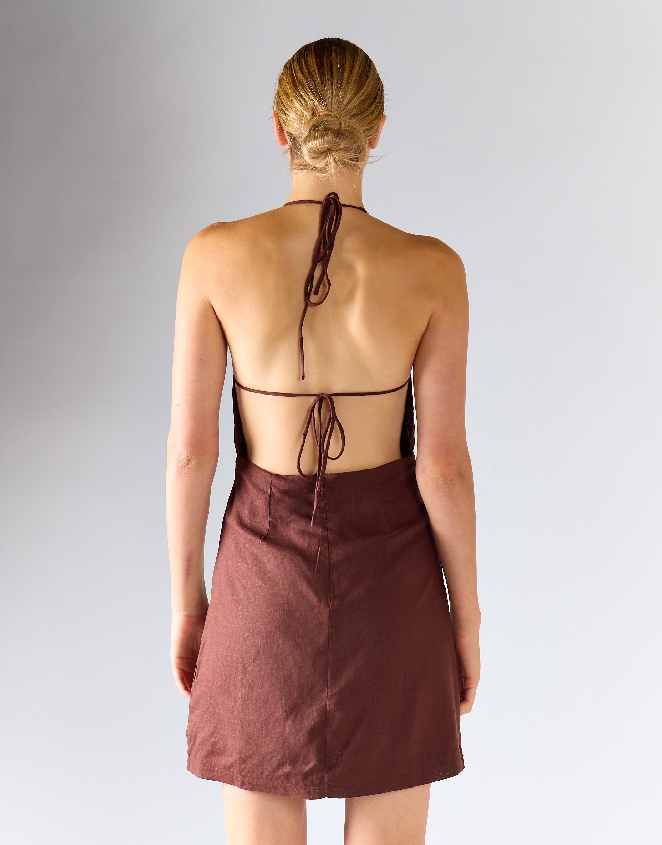 halterneck mini dress in brown Oasis Brown Ruched Halter Neck Mini Dress - US 14 main image 1