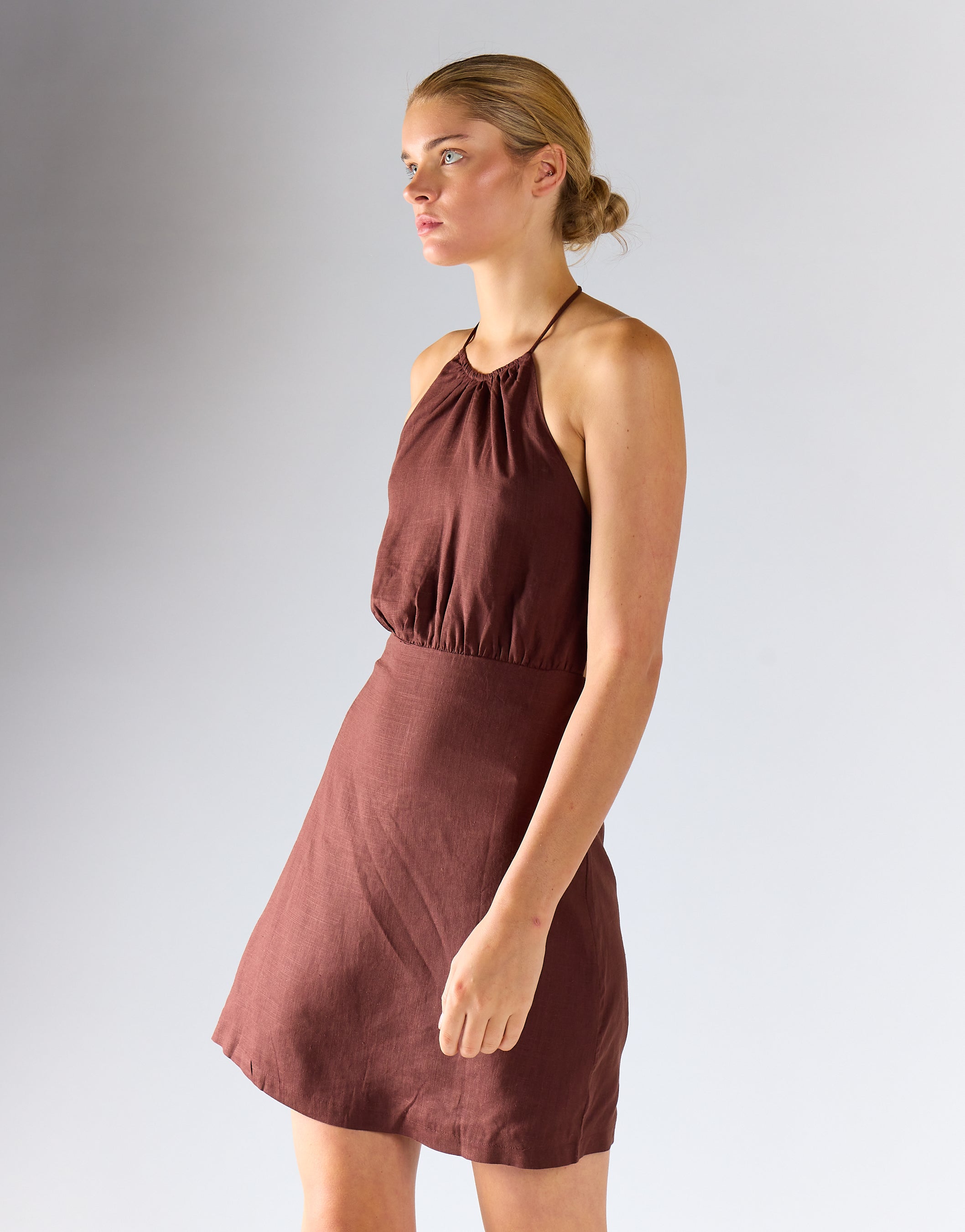princess polly baby blue dress Brown-Linen Halterneck Mini-Dress