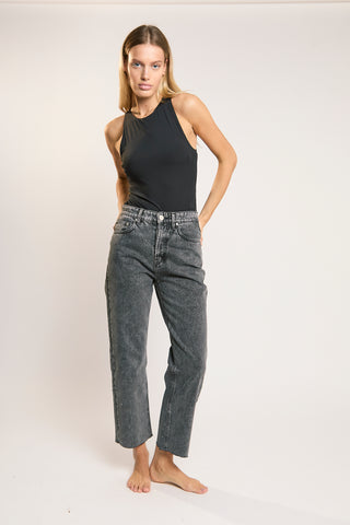 Black Acid-Wash Straight Leg Jeans
