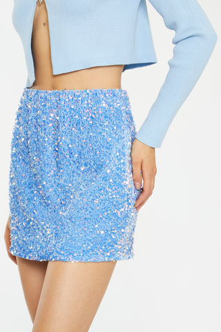 Powder-Blue Velvet-Sequin Bodycon Mini-Skirt