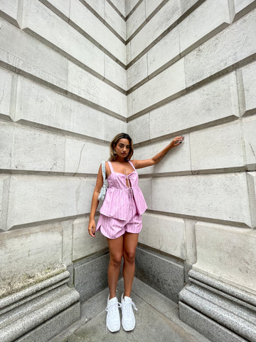 Pink Vertical-Stripe Tie-Front Smock-Top