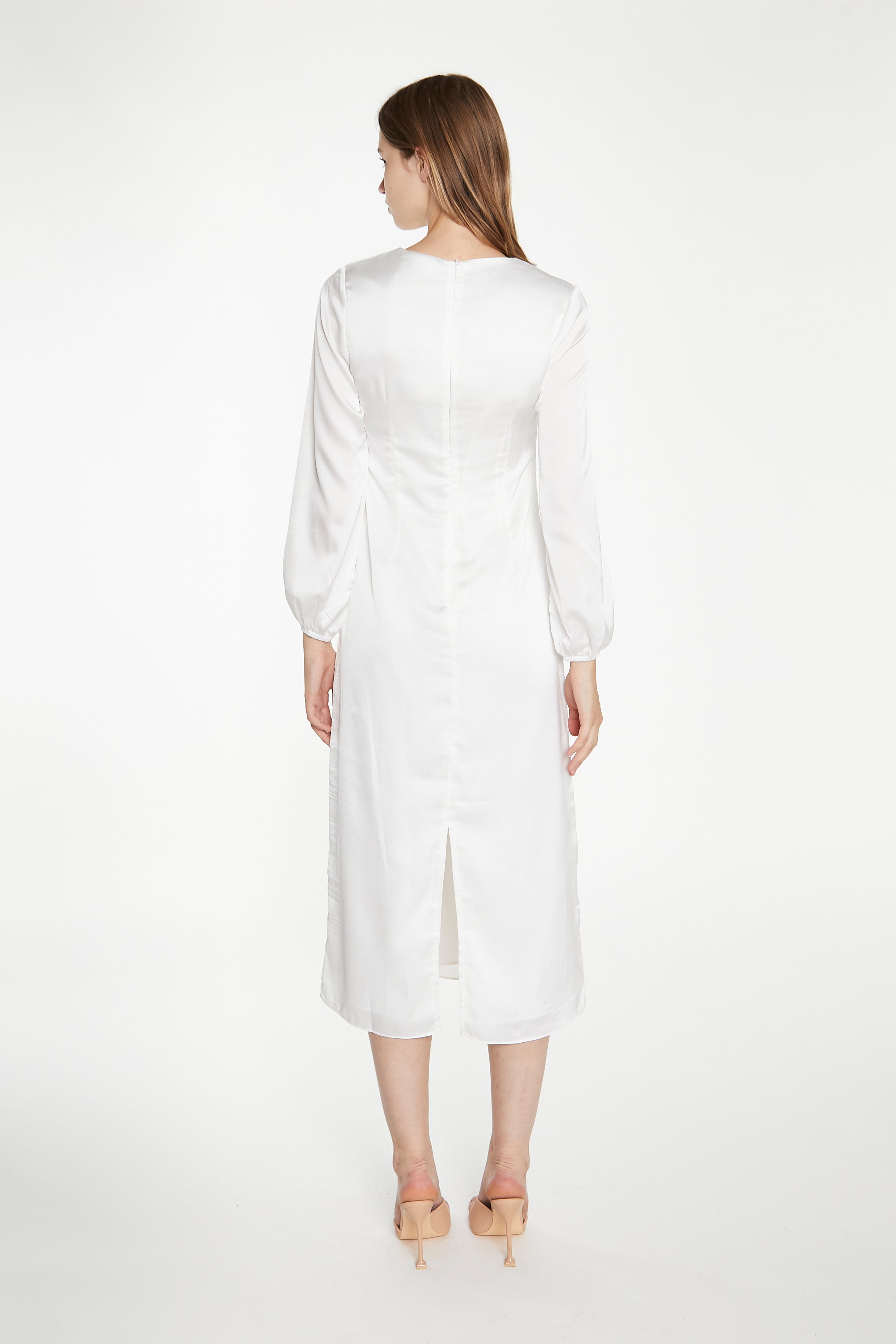 White Long-Sleeve Midi-Dress