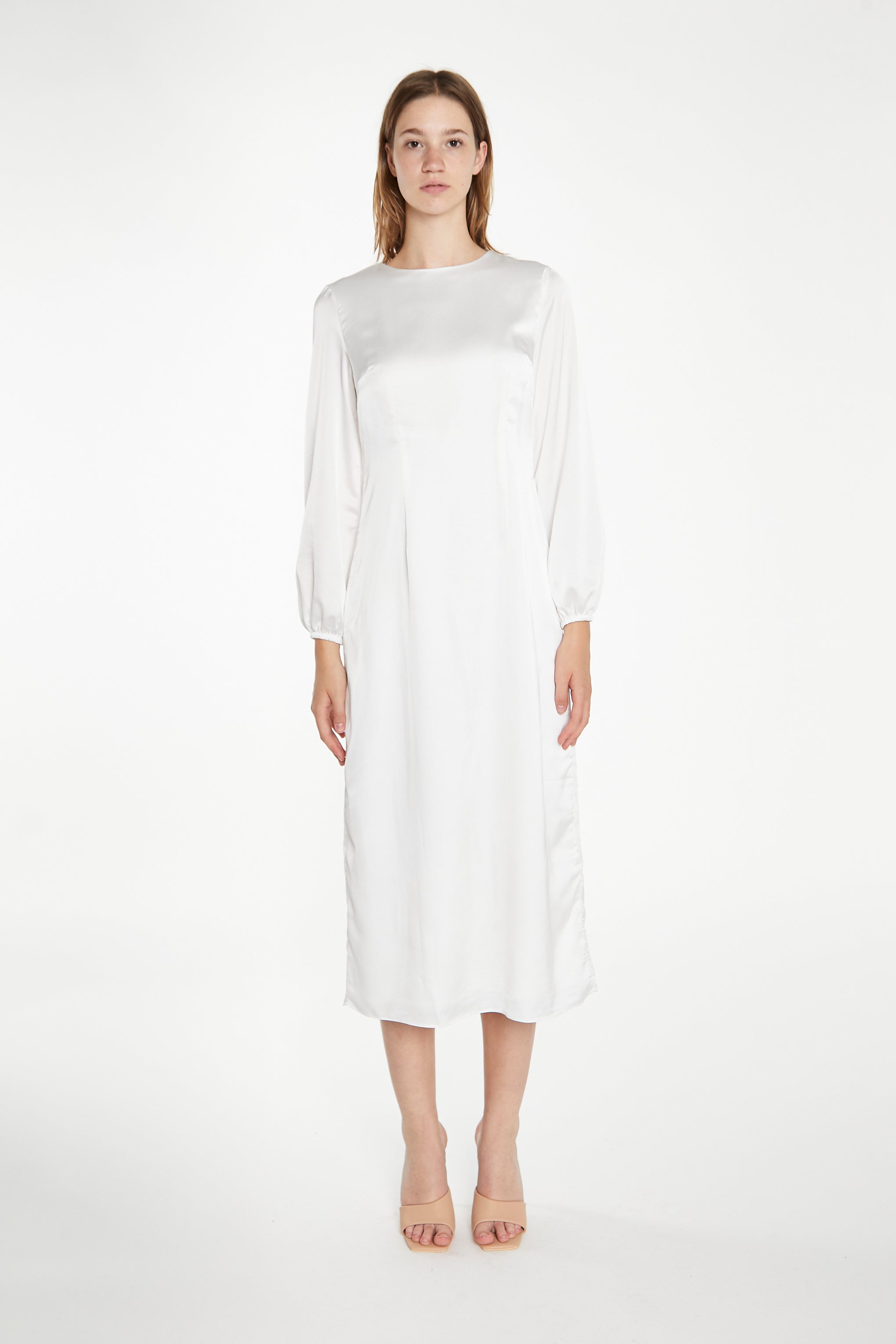 White Long-Sleeve Midi-Dress
