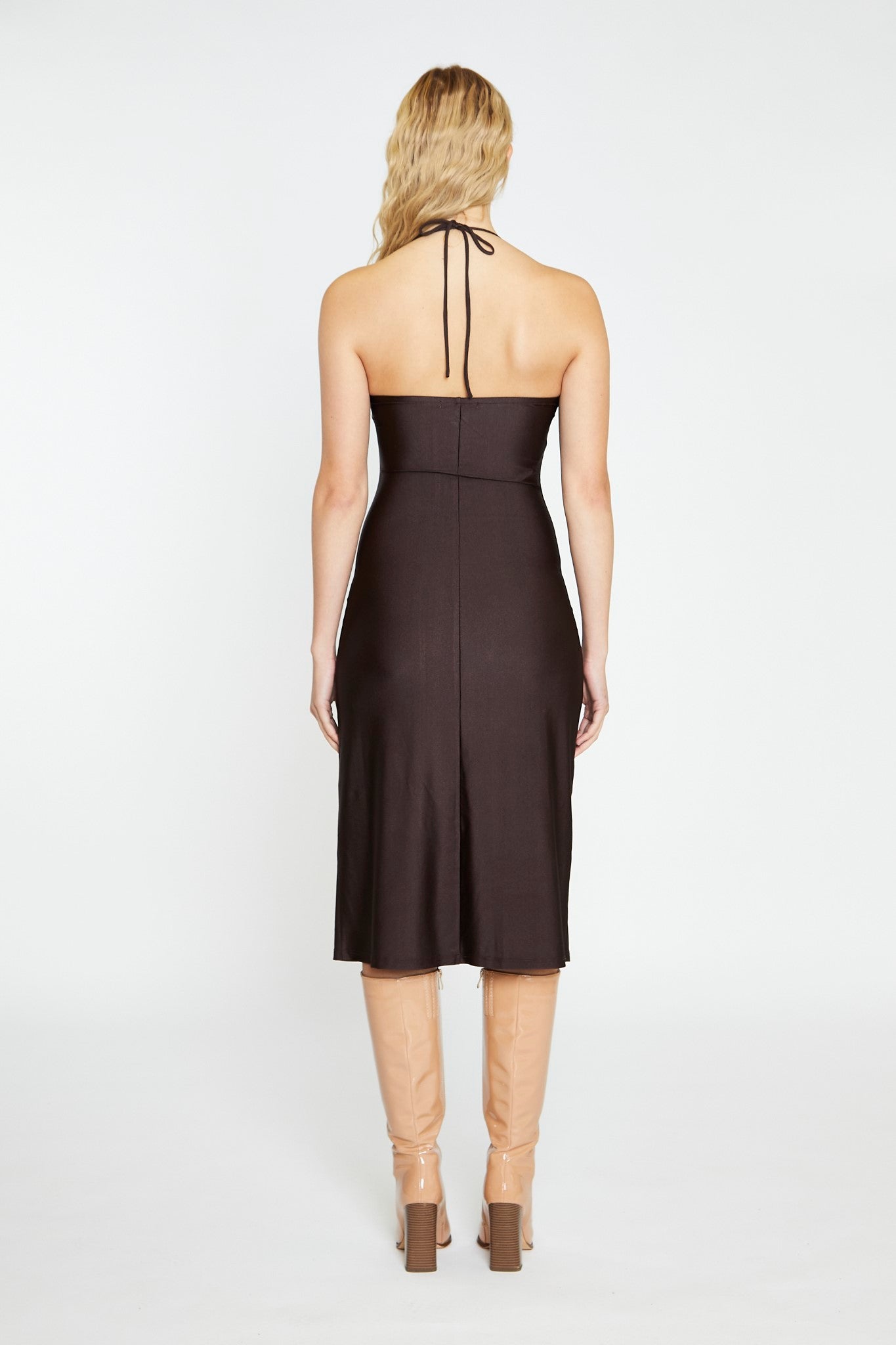Dark Brown Square Halterneck Midi-Dress