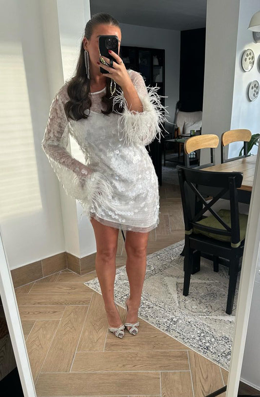 Clear-White Large-Sequin Feather Cuff Mini-Dress