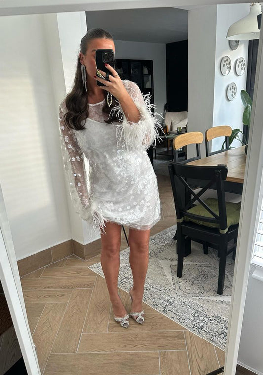 Clear-White Large-Sequin Feather Cuff Mini-Dress
