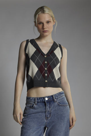 Charcoal-Argyle Button-Front-Vest Crop-Top