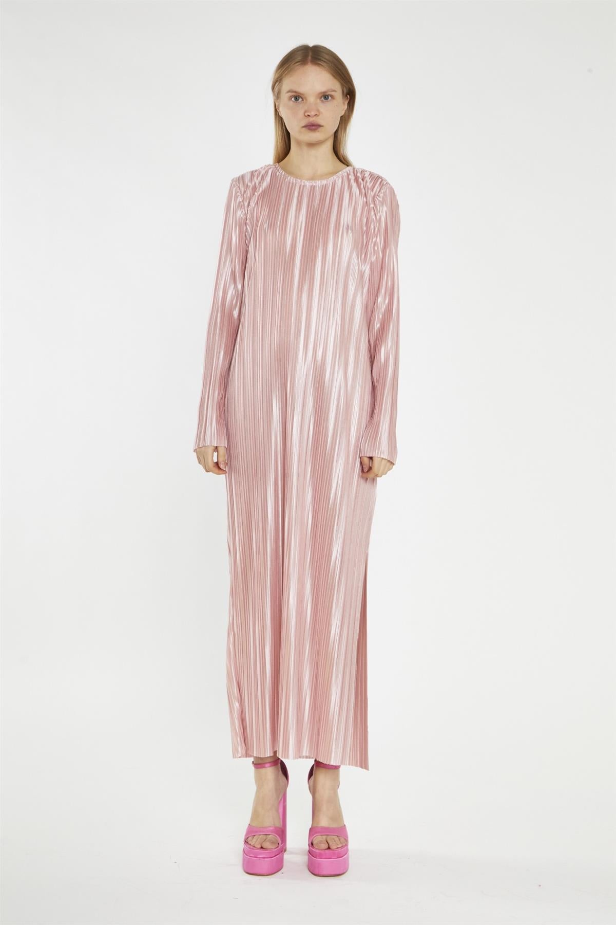 pink rose print plisse long sleeve split detail midi dress Rose String Lace Spliced Pleated Midi Dress in Hot Pink Pink S-M
