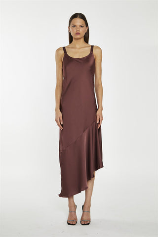 Reddish-Brown Satin Bias-Cut Asymmetric-Dress