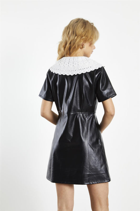 Black-White Collared  A-Line Mini-Dress