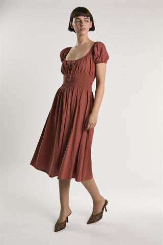 Mid Copper Shirring Waist Midi Dress