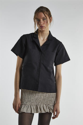 Lapel Collar Short Sleeves Shirt - Black