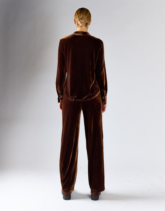 Brown Velvet Pull On Wide-Leg Trousers
