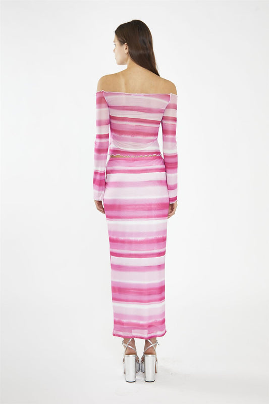 Pink Ombre-Stripe Mesh Bodycon Maxi-Skirt