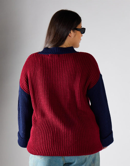 Burgundy Navy Round Neck Knit Jumper