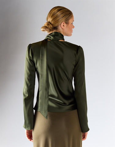 Deep Khaki V-Neckline Tie Blouse