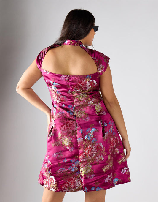 Wine Brocade Pleated Skirt Mini Dress