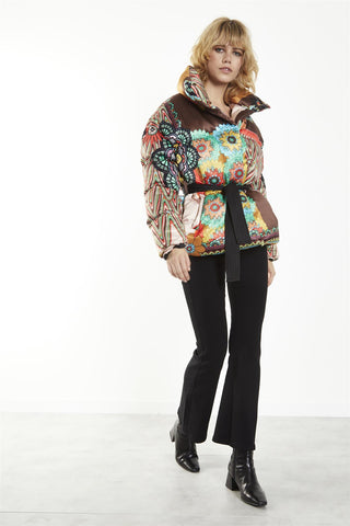 Multi Patchwork Tie Waist Puffer Jacket