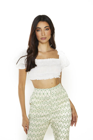 Off White Shirred Crop-Top