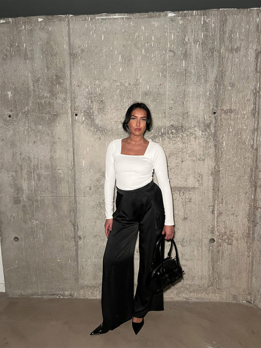 Black-Sateen High-Waisted Wide-Leg-Trousers