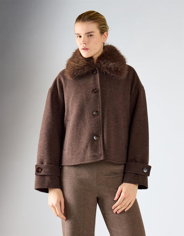 Brown Marl Plush Faux-Fur Collar Jacket